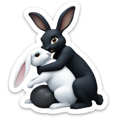 Black rabbit hugging white rabbit with moon behind them sticker