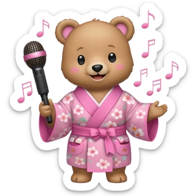 A cute light-brown bear wearing a pastel pink sakura-patterned kimono, normal balanced body ratio.  
Holding a microphone and singing happily, music notes floating around and a bright joyful smile.  
Kawaii emoji style, minimalistic clean sticker illustration, white background. sticker