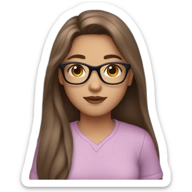 a teenager with brown  long hair black glasses feminine face big light pink lips purple shirt sticker