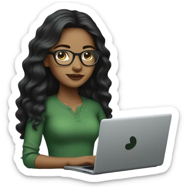 Light brown-skinned girl with long, wavy black hair, with clear glasses wearing a black laptop, wearing a green shirt. sticker