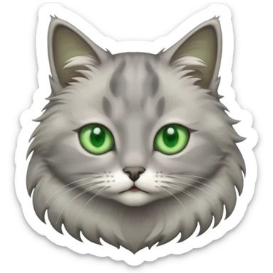 grey cat with green eyes and white stain below the blow sticker