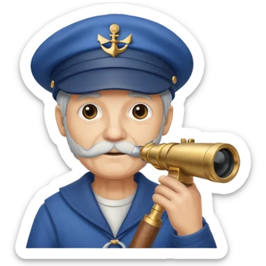 old sailor wearing a blue cap with a telescope sticker