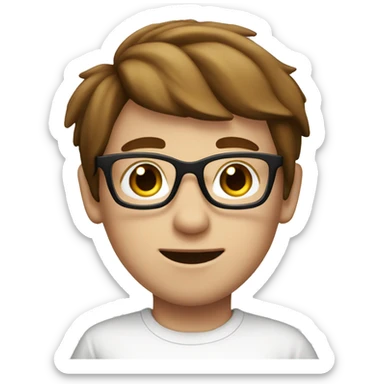 boy with white skin and brown hair wea glasses , white t-shirt sticker