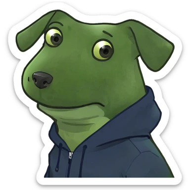 Dog wearing an oversized hoodie that is navy blue sticker