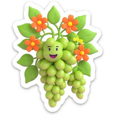 grapevine with fully opened leaves and blooming flowers, 3D emoji style, no background sticker