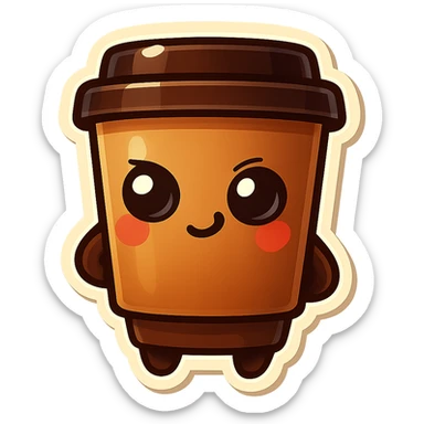 Tall coffee cup, mischievous eyes, thinking sticker