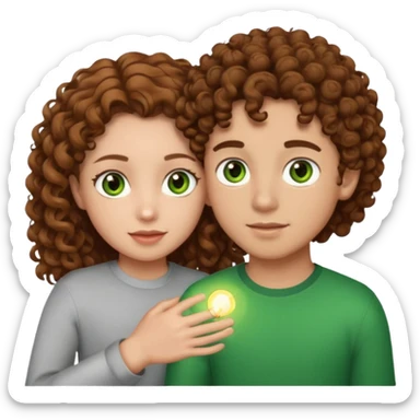 Boy and a girl holding each other one boy with brown curly hair and green eyes with light skin and girl with brown hair with curly hair and hazel eyes and light skin sticker