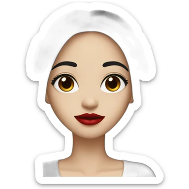 long straight black hair, red lipstick, black eyes, white skin and a small nose sticker