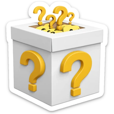 white cube shaped box printed with "q&a" over stuffed with yellow question marks sticker