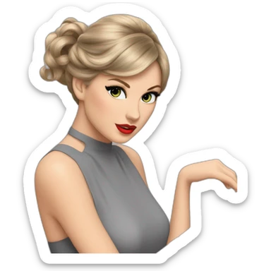 Taylor swift with a gray dress, atacher hair in ponytail in front of a piano sticker