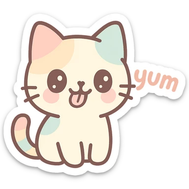 small Chinese kitten licking its lips, 'yum' written in a fun font, kawaii style sticker