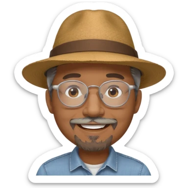 Brown man smiling not showing teeth, wide rimmed hat, clear glasses, gray goatee sticker