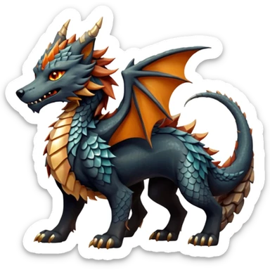 Majestic wolf-like dragon with red sandstone scales and layered plates resembling canyon rock formations. Crystallized mineral mane with copper and gold hues runs down its neck and back. Obsidian claws, amber eyes, and a tail of stone spires. Pokémon style. sticker