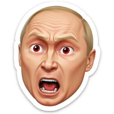 Vladimir Putin face in profile, looking sideways, screaming with intense anger, red face, furious expression sticker