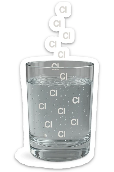 un bicchiere di acqua realistico e dettagliato fluttua in aria, dentro l'acqua del bicchiere ci sono particelle di cloro ben visibili con la scritta "Cl" sopra, ci sono particelle anche che escono dal bicchiere e fluttuano in aria verticalmente, mentre alcune sono all'interno dell'acqua nel bicchiere, iperrealistico 4k sticker