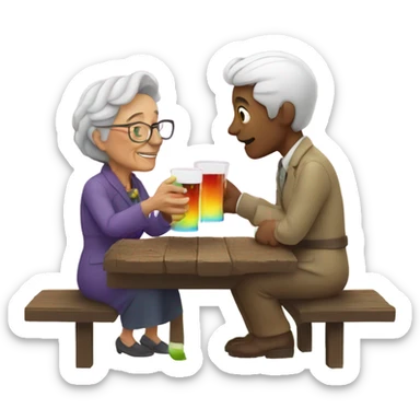 Man having a drink with old lady under a rainbow sticker