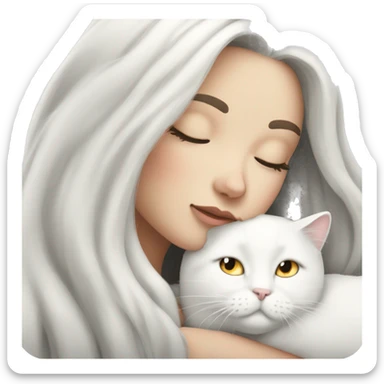 A pretty white girl with very long black hair and sleeping curled up to a white cat  sticker