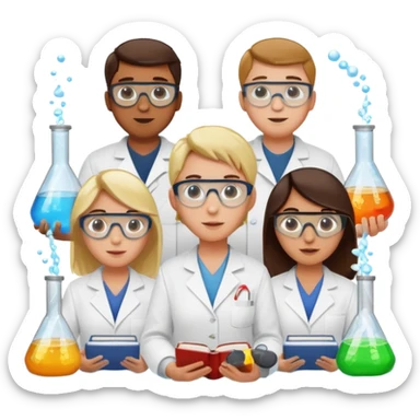 The team of scientists is waist-deep, surrounded by chemical flasks and books sticker