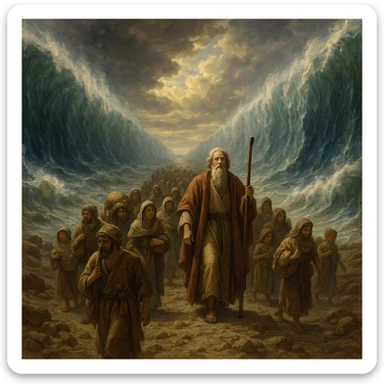 Red Sea parted, walls of water on both sides, people crossing on dry land, Moses leading, ancient setting sticker