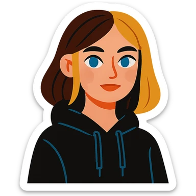 designer girl with blue eyes, brown and blonde hair to shoulders, black hoodie sticker