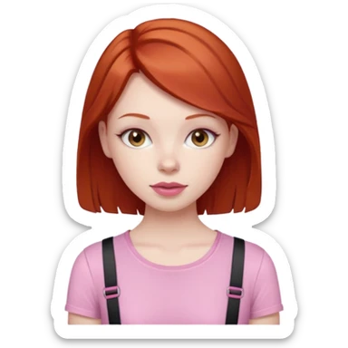 Redhead girl with deep brown eyes, pale skin with light red lips wearing a pink strap shirt sticker