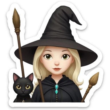 a witch with a hat and a broomstick and a black cat sticker