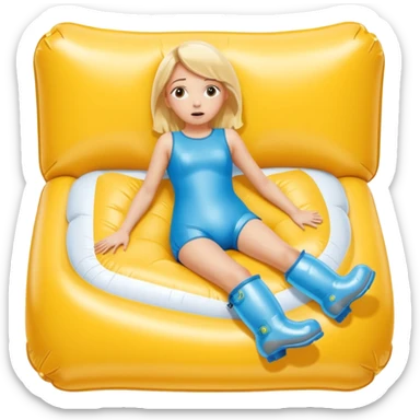 chica rubia con cara de miedo con unas botas de presoterapia gigantes inflables tirada en una cama amarilla sticker