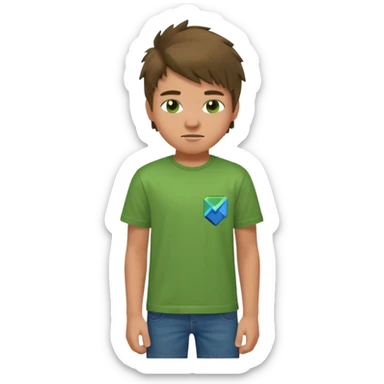 A 14 yerar old teenage boy, slightly tanned, wearing a green minecrcaft tshirt, blue jeans and green sneakers with brown tousled hair, smirking sticker