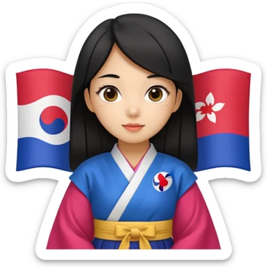 black hair girl with colorful hanbok holding south korea flag with white background sticker
