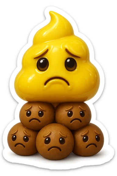 emoji stile iphone di una cacca giallina e liquida con espressione triste, sopra una montagnetta di feci a palline con espressione triste, iperrealistico 4k sticker