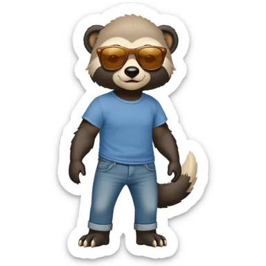friendly anthropomorphised honey badger in jeans and a t-shirt, wearing sunglasses, walking upright, relaxed pose sticker