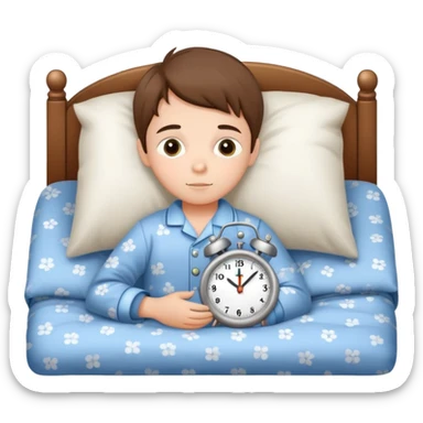 child tucked in bed with a clock showing bedtime, simple and cute sticker