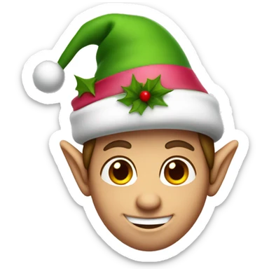 Christmas elf with a green hat, white skin, rose-colored nose, and a big smile. Only the head and hat. Hair is brown. sticker