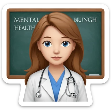 university classroom that says Mental Health Nursing on the blackboard with a pretty female nursing student with long brown hair, blue eyes sticker