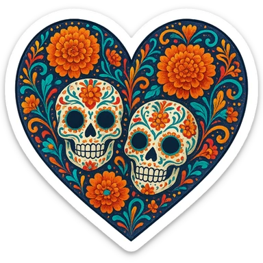 heart with Day of the Dead theme, decorated with sugar skull patterns, marigold flowers, colorful and intricate sticker