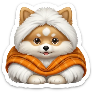 white and orange Pomeranian on top of a folded white fluffy blanket with blanket on its head sticker