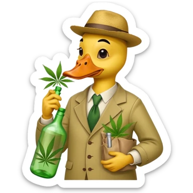 Drunk and high duck animal holding weed bottle and a bag of weed. Looking sloshed sticker