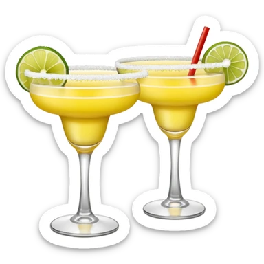 2 margarita cocktails. one is the classic margarita: yellowy with salt on the rim and a lemon. the other one is a spicy margarita: slightly more red color with a small red chili pepper instead of a lemon on the rim  sticker