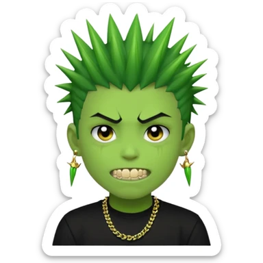 green zombie boy with spiky black emo hair and a black shirt with piercings and gold grilzz  sticker