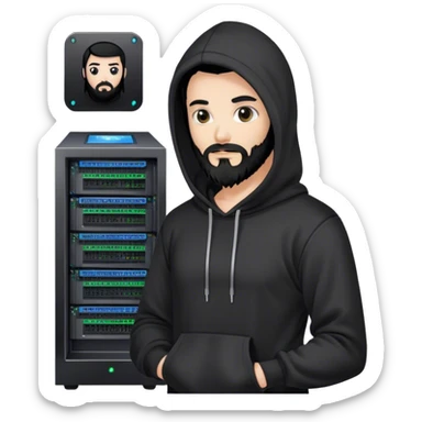 hackeur blanc cheveux noir barbe et capuche noir à côté d'un server ia sticker