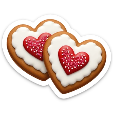 two gingerbread heart cookies with white holiday icing sticker
