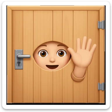 Add a hand waving to the person hiding behind a door, only face peeking out from front side, in emoji style. sticker