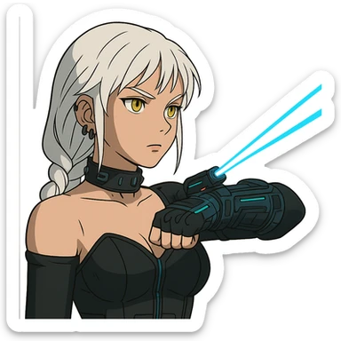  a closeup portrait of young woman with gold yellow eyes, white hair, long braid, black off-shoulder top d-cup, punk gothic style, futuristic cyberwave cyberpunk,  shooting a blue lazer from a small device on her left wrist sticker