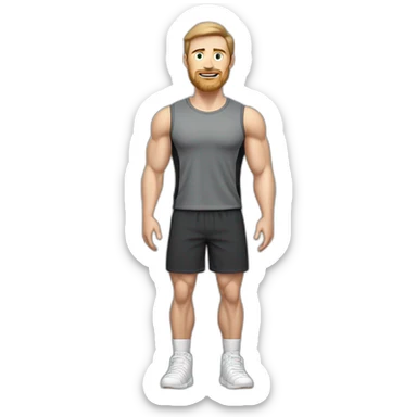 Full height Pale skinned muscular man With Realistic eyes and mouth, light brown hair and stubble In dark gray sleeveless mike, black oversize sports shorts, watch and white sneakers. sticker