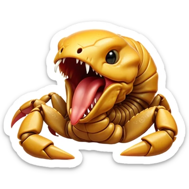 Cinematic Cute Yawning Emperor Scorpion Portrait Emoji, Head tilted slightly with a dramatic, wide-open yawn, showcasing a soft, textured exoskeleton with subtly drooping pincers and half-closed eyes in drowsy contentment, Simplified yet irresistibly adorable features, highly detailed, glowing with a soft, cozy glow, high shine, relaxed yet expressive, stylized with a dash of desert charm, soft glowing outline, capturing the essence of a sleepy yet affectionate scorpion that seems ready to stretch out for a nap! sticker