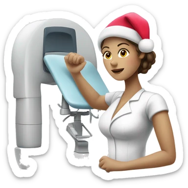 white brunette woman getting a Mammogram while wearing a Santa hat sticker