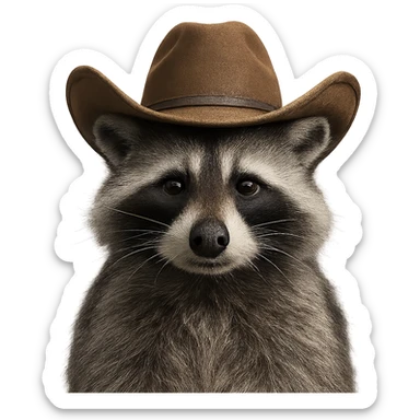 HD bust portrait of a gray raccoon with a cowboy hat, front view, detailed, high-definition sticker