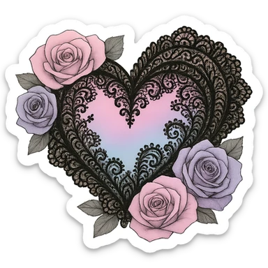 Remove the background, keep the pastel goth heart with pastel roses and black lace, transparent background. sticker