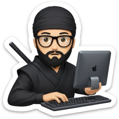 Man with black hair and beard wearing glasses in a ninja costume. Keep the top left version, make the beard longer and replace the sword on his back with a computer keyboard  sticker