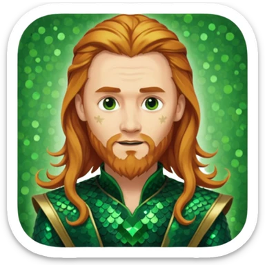 Loki, God of Mischief with long reddish blonde hair and beard, dark green sequin outfit sticker